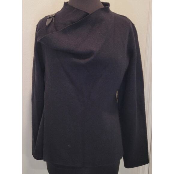 Eileen Fisher Moto Wrap Jacket Sweater – 100% Wool – Black Leather Trim – Medium - Picture 2 of 9